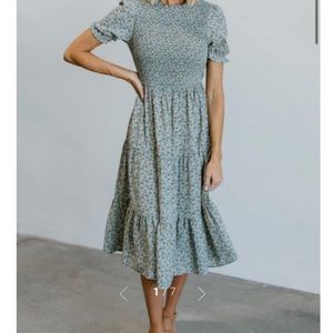 Baltic Born Skylar Blue Floral Smocked Midi Dress - Size Small